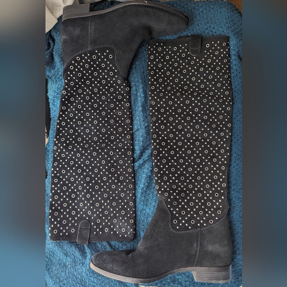 Michael Kors SALLY Black Suede Studded Grommet Slouchy Tall Boots - Picture 2 of 7